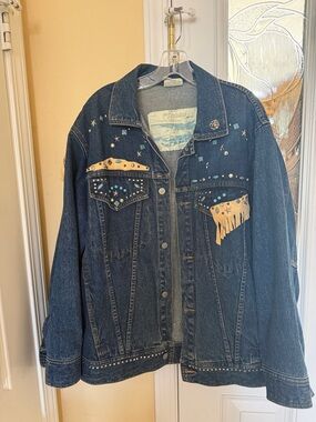 Studded Dark Blue Denim Jacket with Turquoise and Beige Accents